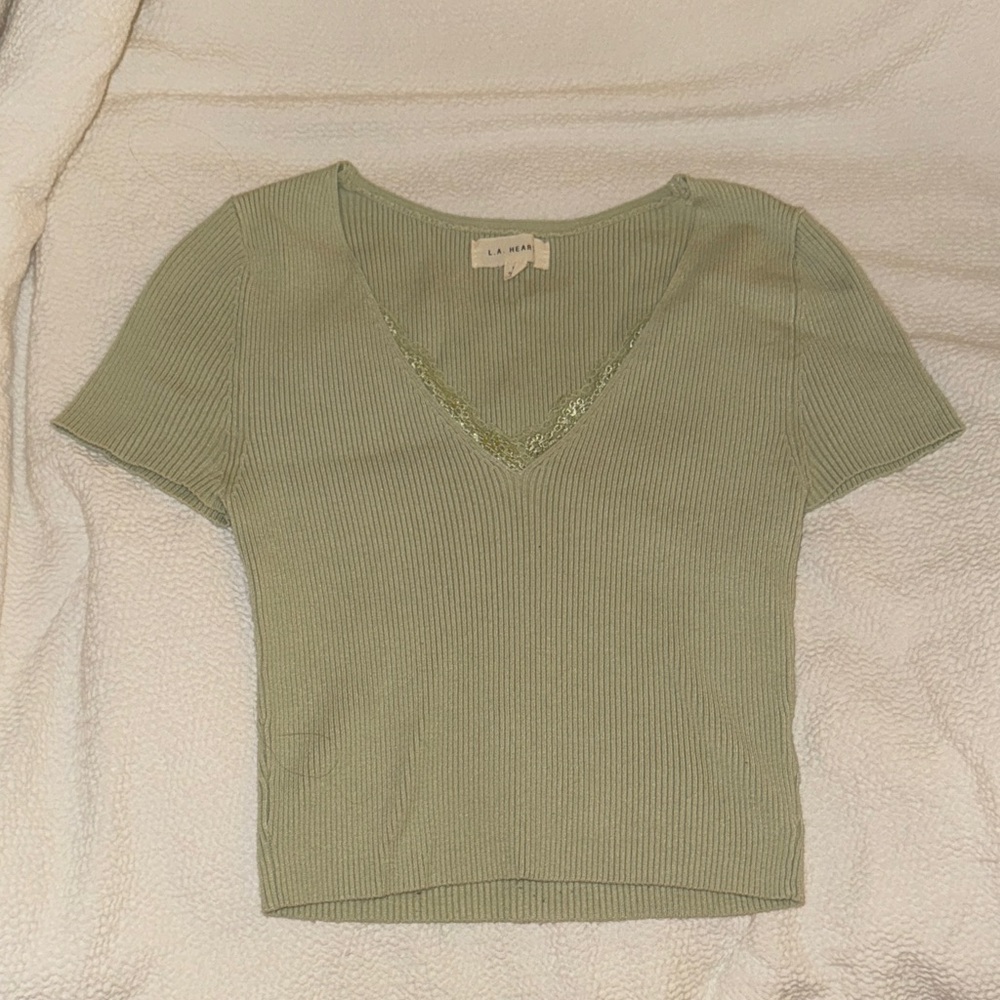 LA Hearts Sage Ribbed V-Neck Crop Top